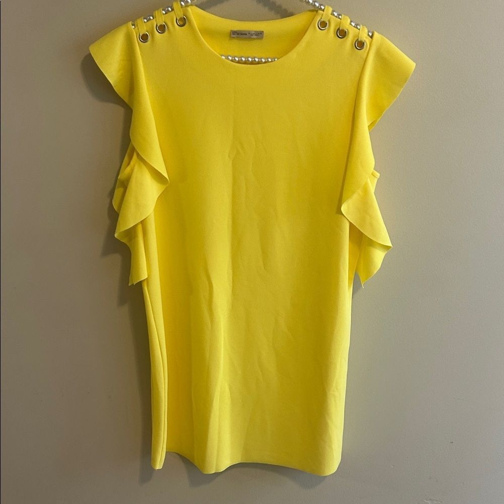 ZARA Yellow Ruffled Cold Shoulder Shift Dress Size L